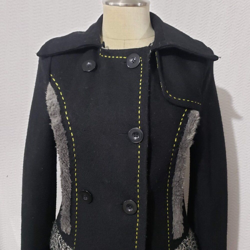 BKE Black Double Breasted Pea Coat Faux Fur S - Picture 2 of 12